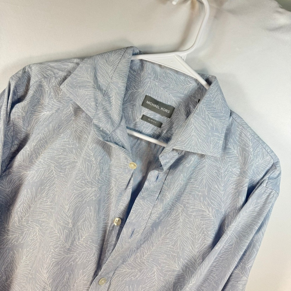 Michael Kors Men Slim Fit Long Sleeve Button Down Blue Palm Print L 16 34/35